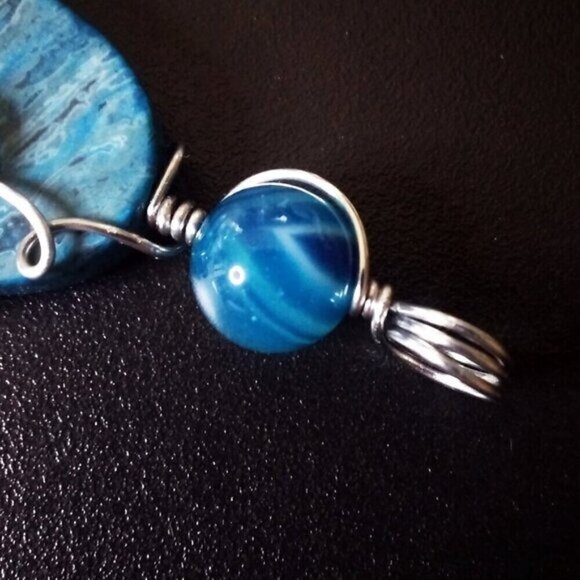 Blue Crazy Lace Agate & Banded Blue Agate ~ Wire Wrapped! Stacked Stone Pendant - Picture 5 of 10